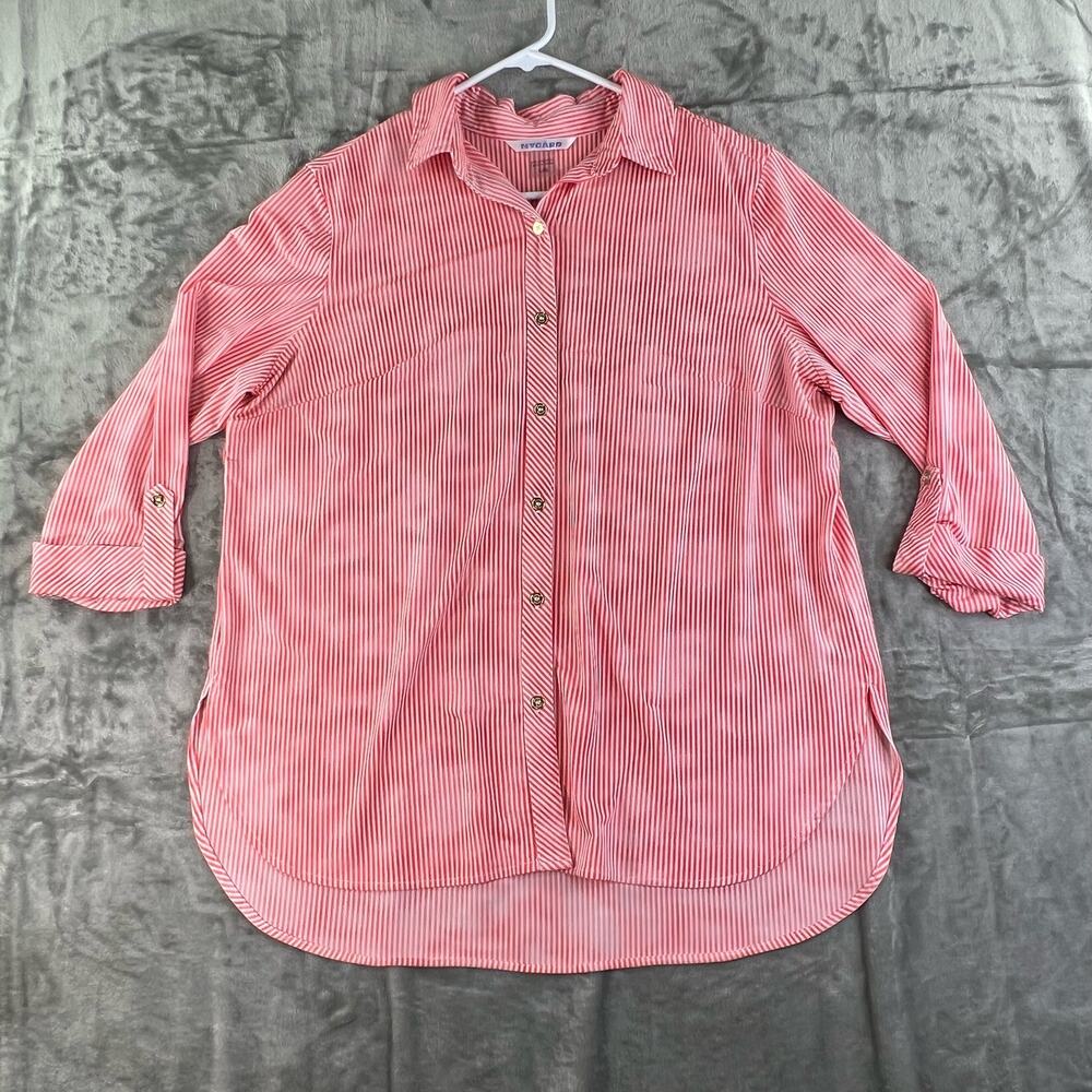 Nygard Button Up Blouse Womens Size L Coral + White Stripe 3/4 Length Sleeves